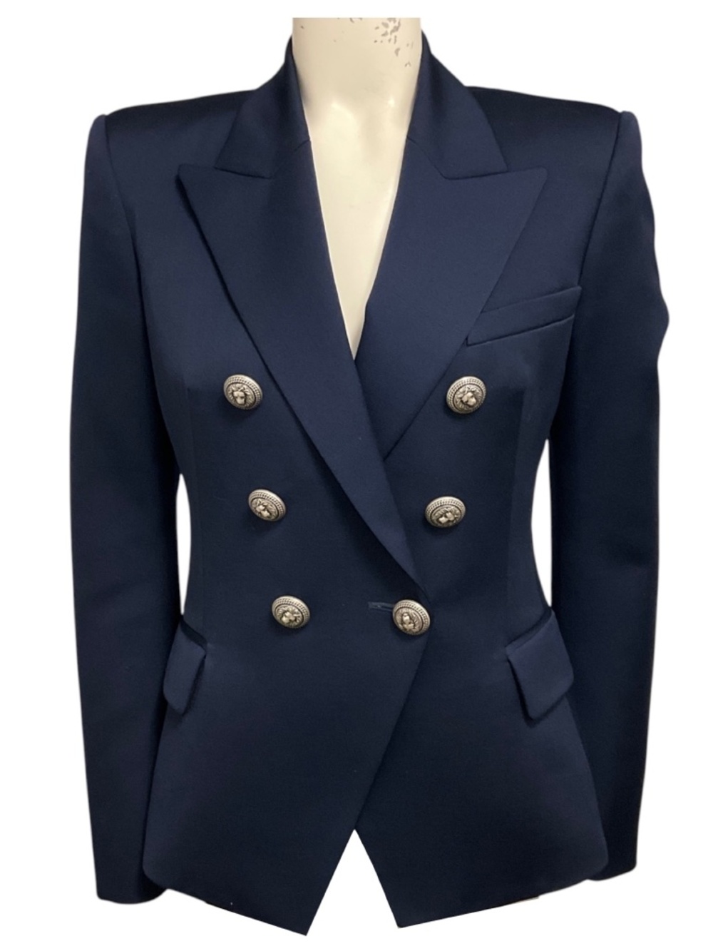 BALMAIN NAVY BLUE DOUBLE BREASTED WOOL BLAZER WITH SILVER BUTTONS